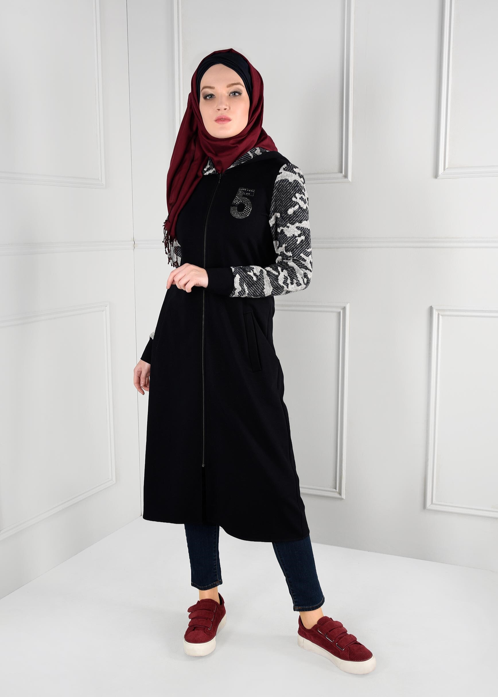 Hijab clothing BLACK HOODED ZIPPED CAMOUFLAGE SPORT TUNIC 4694 