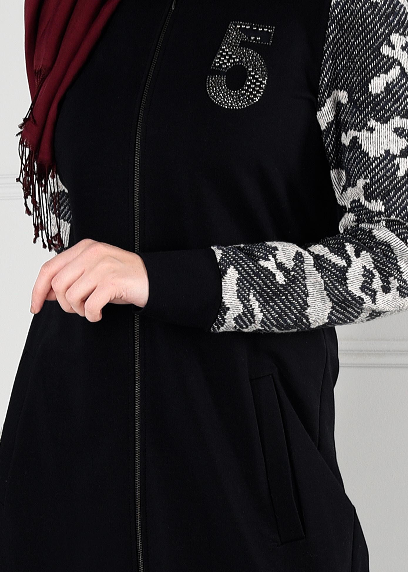 Hijab clothing BLACK HOODED ZIPPED CAMOUFLAGE SPORT TUNIC 4694 