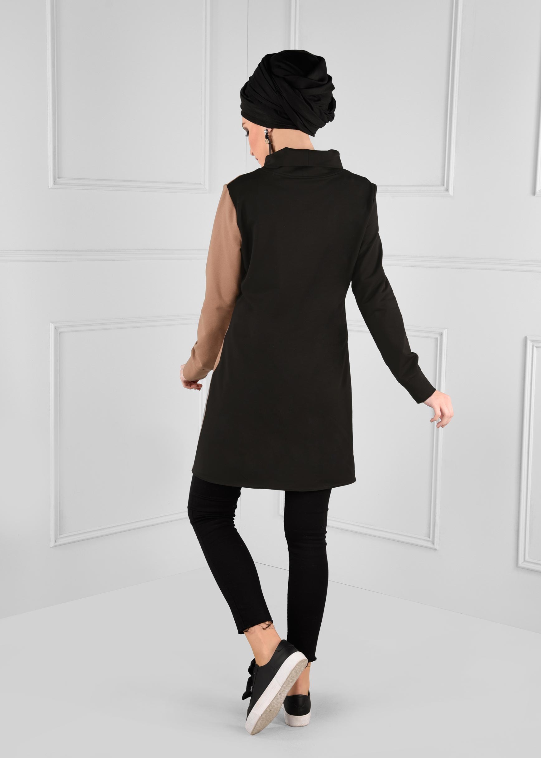 Tesettür giyim KAHVE TAŞ BASKILI BOĞAZLI EŞOFMAN TUNİK 4746