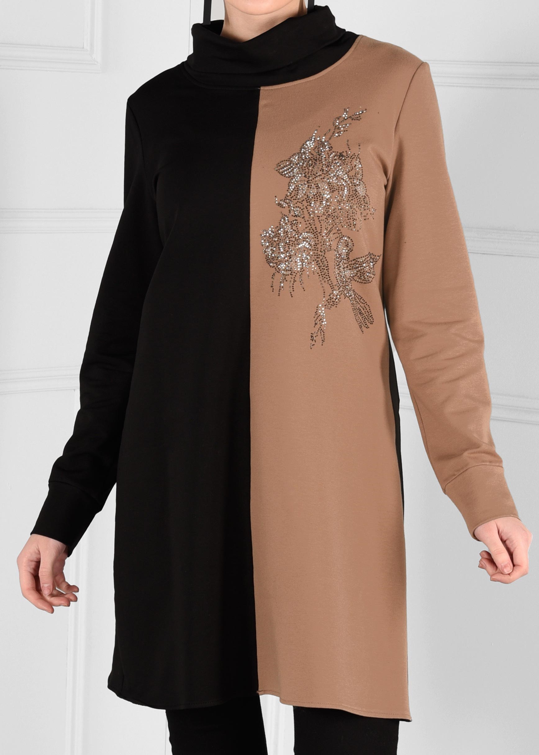 Tesettür giyim KAHVE TAŞ BASKILI BOĞAZLI EŞOFMAN TUNİK 4746