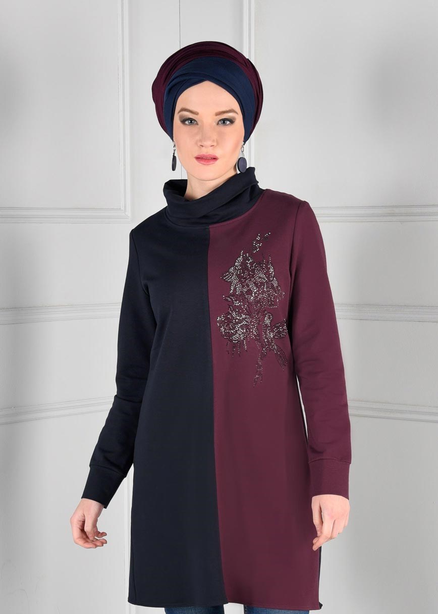 Hijab clothing PURPLE EMBELLISHED TURTLENECK SPORT TUNIC 4746