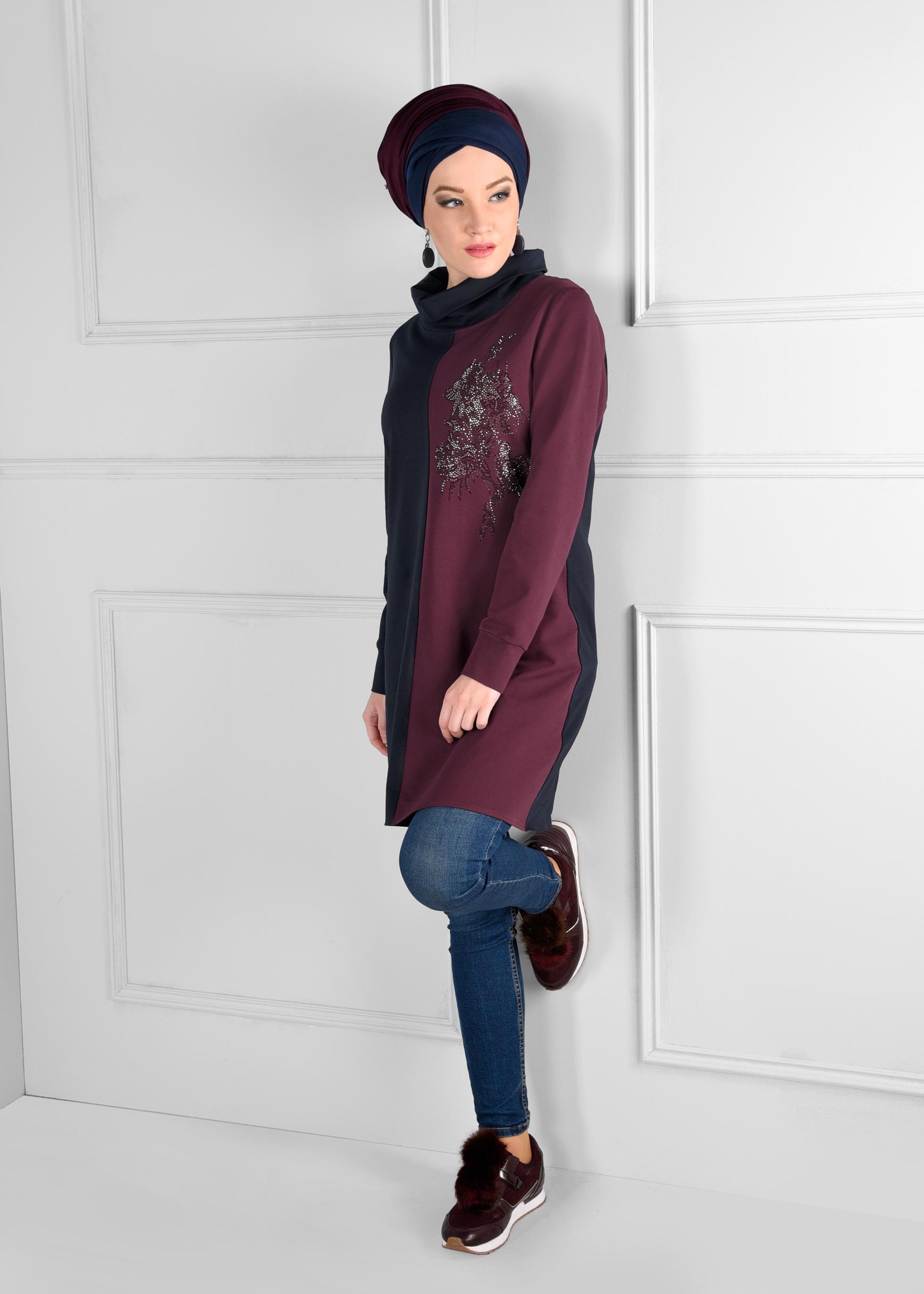 Hijab clothing PURPLE EMBELLISHED TURTLENECK SPORT TUNIC 4746