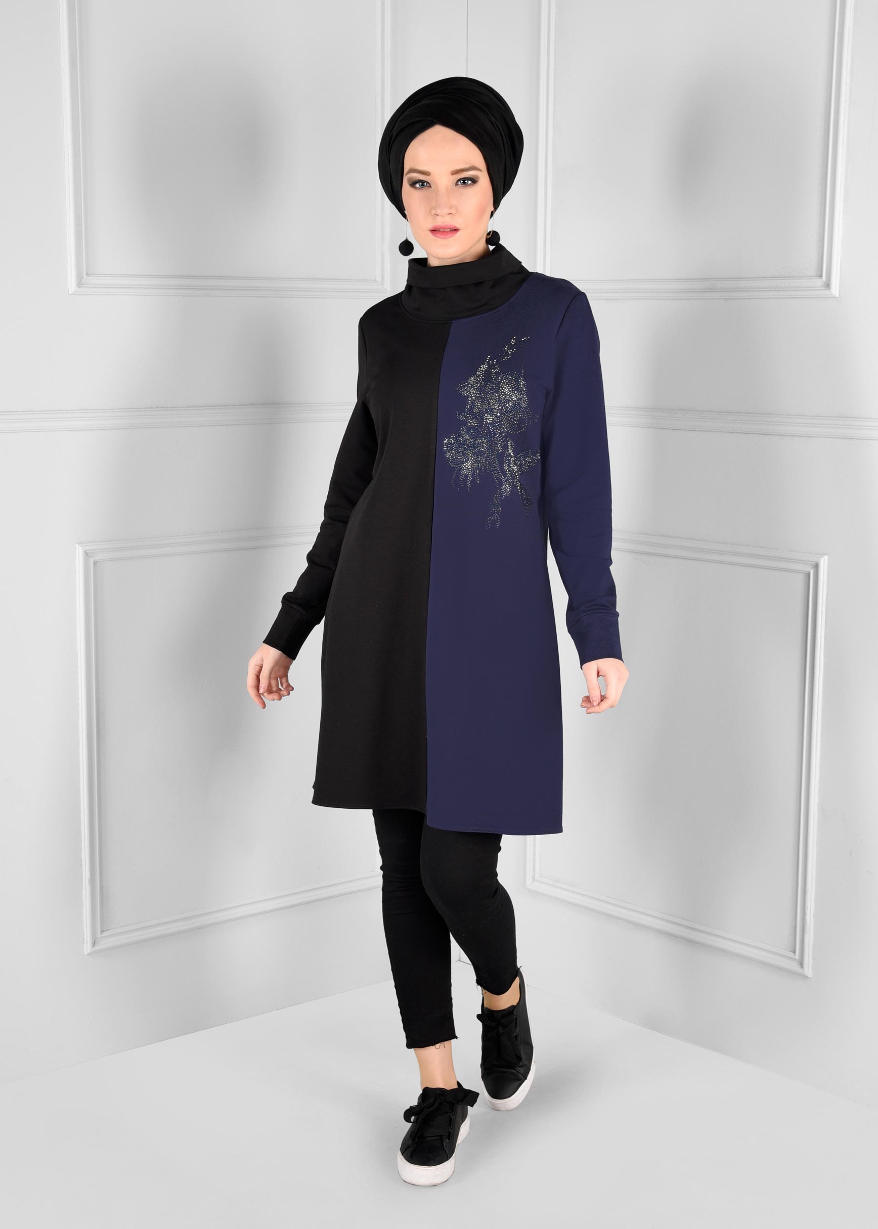Hijab clothing NAVY BLUE EMBELLISHED TURTLENECK SPORT TUNIC 4746
