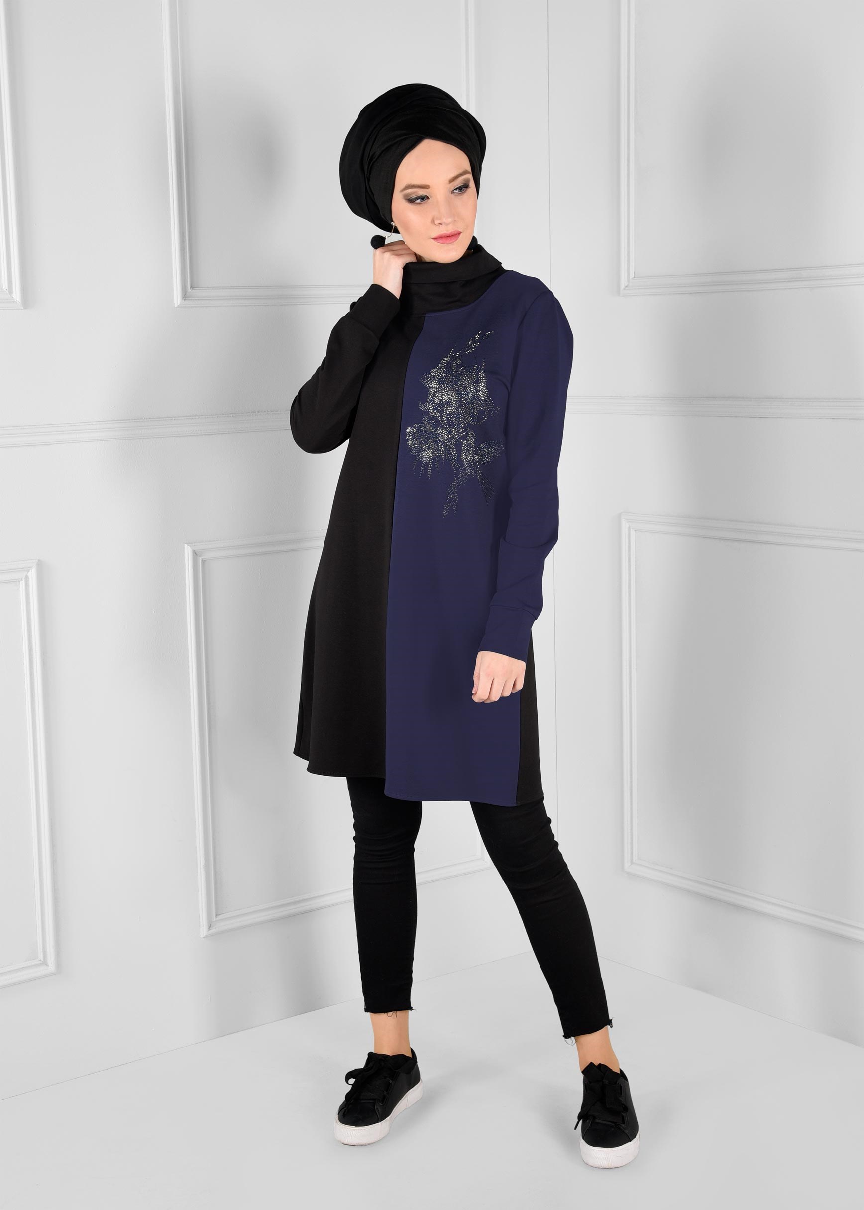 Hijab clothing NAVY BLUE EMBELLISHED TURTLENECK SPORT TUNIC 4746