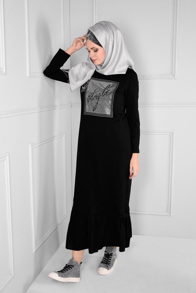 Vêtements hijab NOIR ROBE EN SPORT À VOLANTS 4747  - ALVİNA