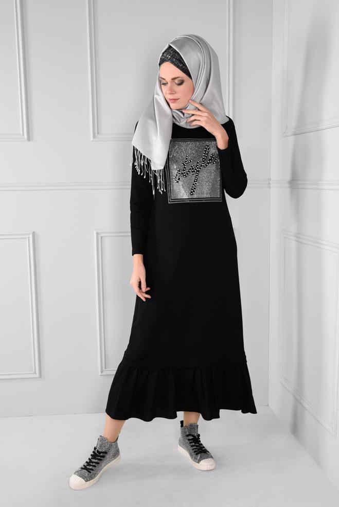 Vêtements hijab NOIR ROBE EN SPORT À VOLANTS 4747  - ALVİNA