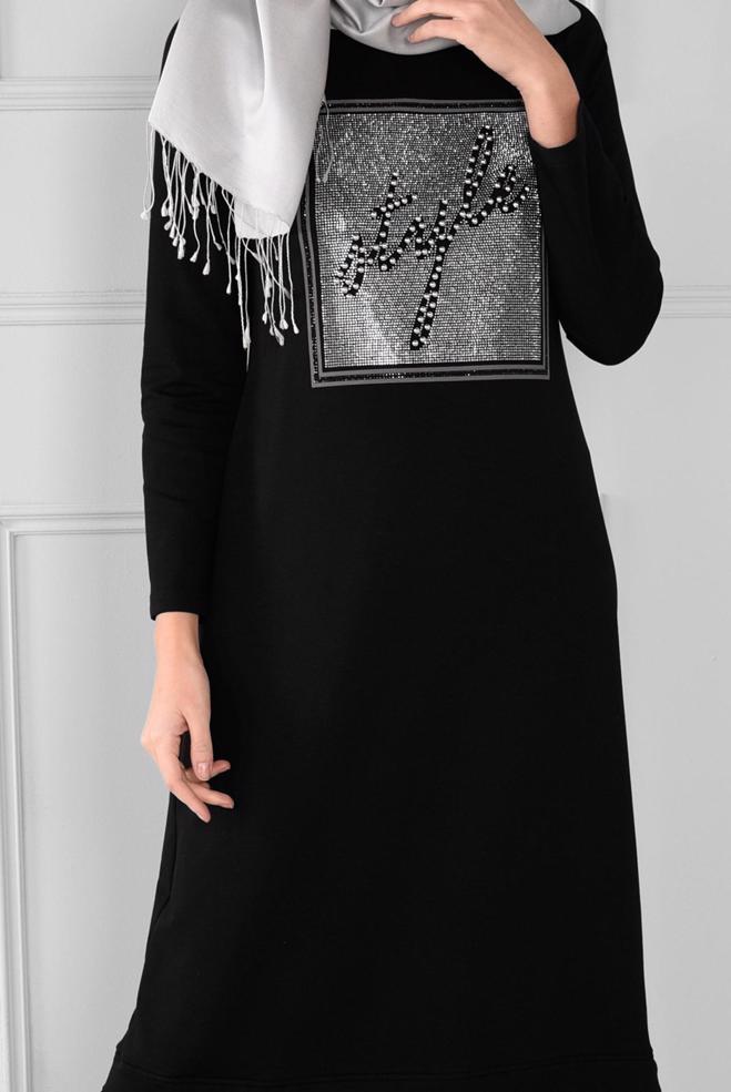 Vêtements hijab NOIR ROBE EN SPORT À VOLANTS 4747  - ALVİNA