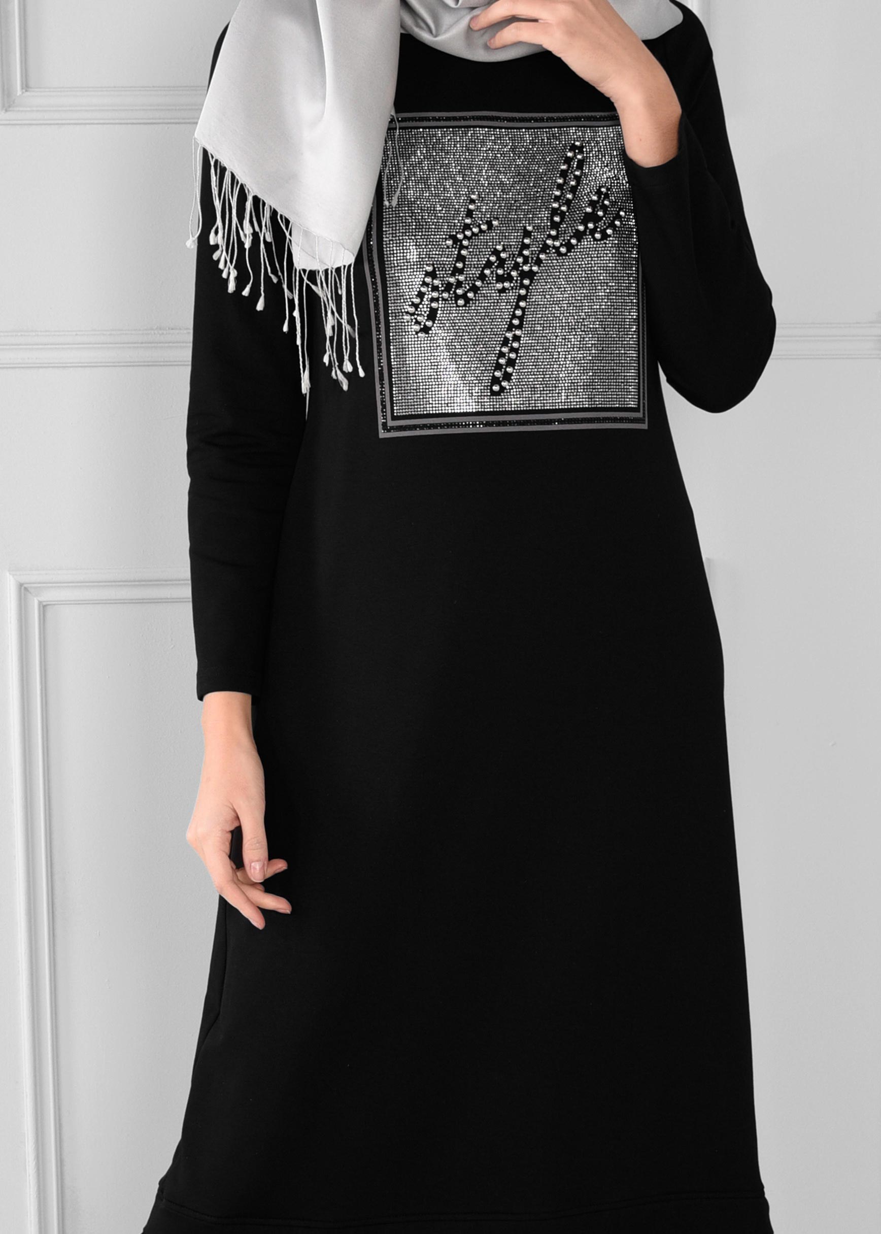 Tesettür giyim SİYAH ÖNÜ BONCUKLU ETEĞİ VOLANLI EŞOFMAN ELBİSE  4747