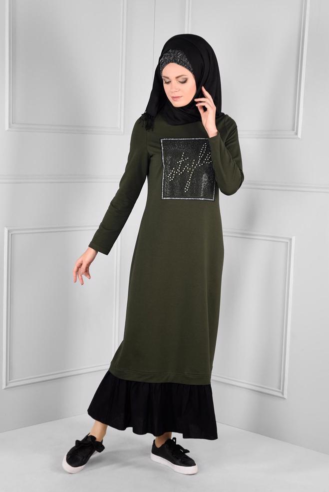 Vêtements hijab KAKI ROBE EN SPORT À VOLANTS 4747  - ALVİNA