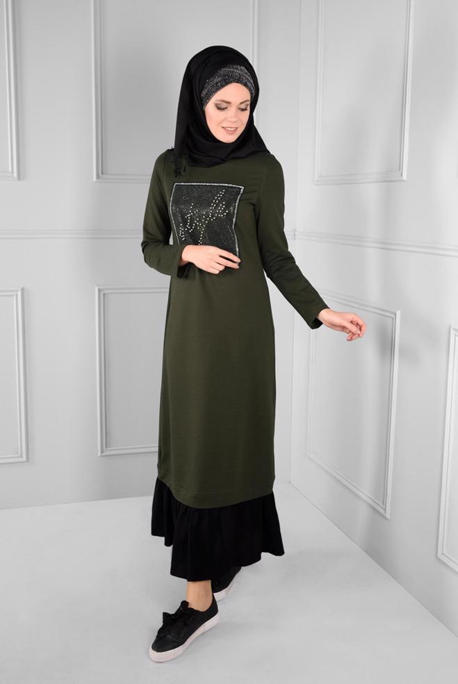Vêtements hijab KAKI ROBE EN SPORT À VOLANTS 4747  - ALVİNA