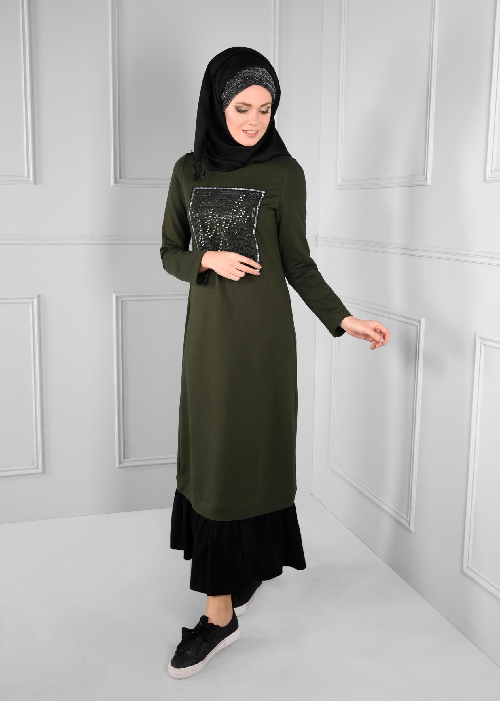 Vêtements hijab KAKI ROBE EN SPORT À VOLANTS 4747 