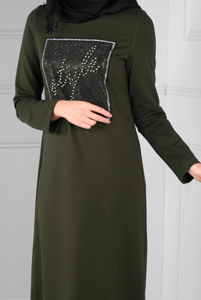 Vêtements hijab KAKI ROBE EN SPORT À VOLANTS 4747  - ALVİNA