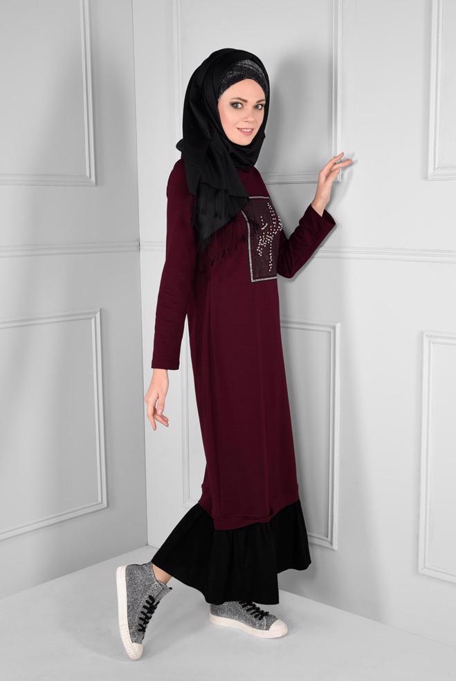 Vêtements hijab ROUGE BORDEAUX ROBE EN SPORT À VOLANTS 4747  - ALVİNA