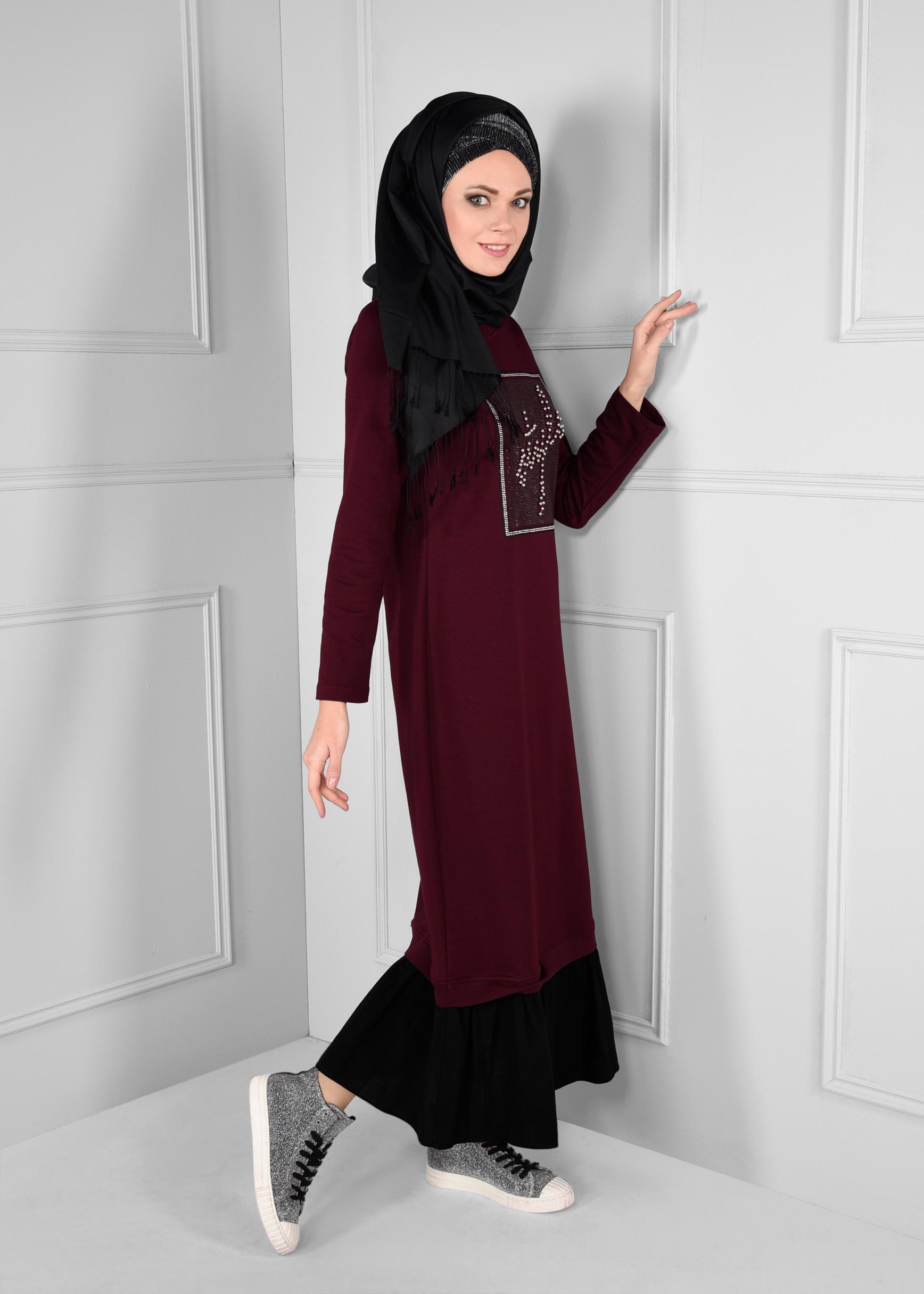 Vêtements hijab ROUGE BORDEAUX ROBE EN SPORT À VOLANTS 4747 