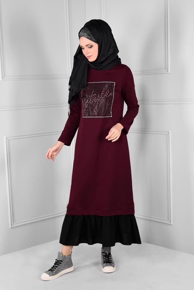 Vêtements hijab ROUGE BORDEAUX ROBE EN SPORT À VOLANTS 4747  - ALVİNA