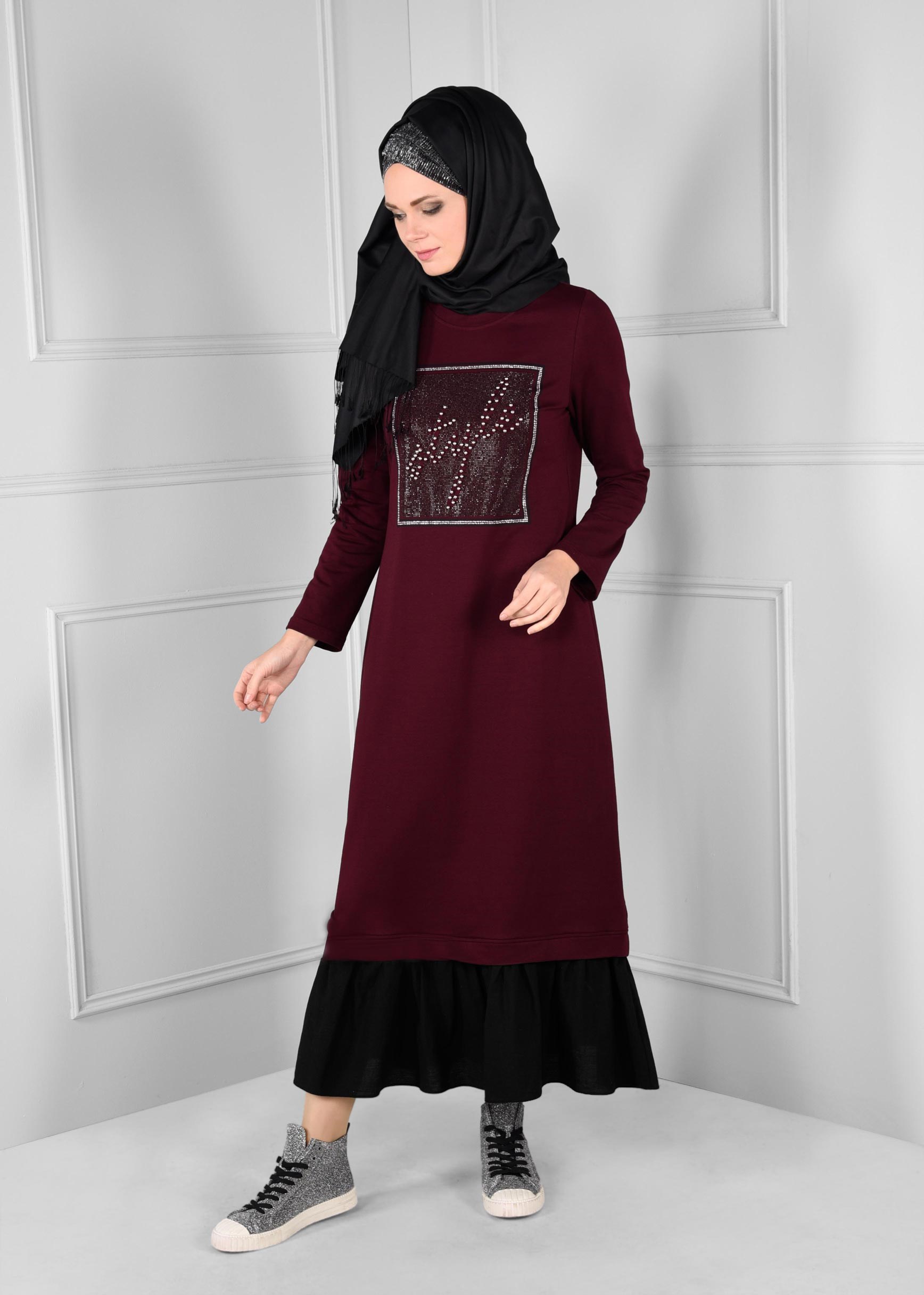 Vêtements hijab ROUGE BORDEAUX ROBE EN SPORT À VOLANTS 4747 
