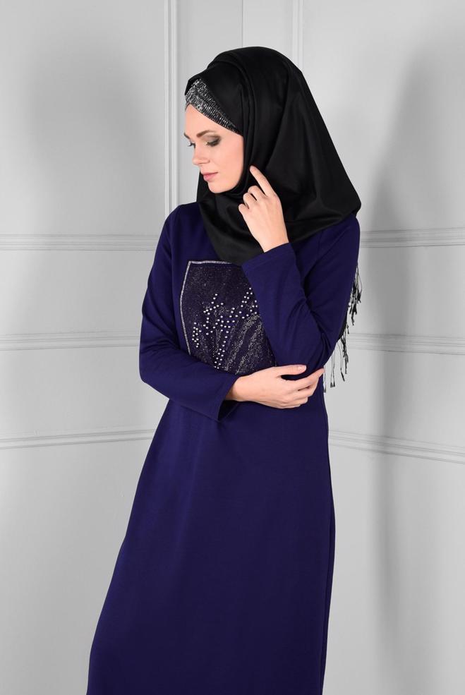 Tesettür giyim LACİVERT ÖNÜ BONCUKLU ETEĞİ VOLANLI EŞOFMAN ELBİSE  4747 - ALVİNA