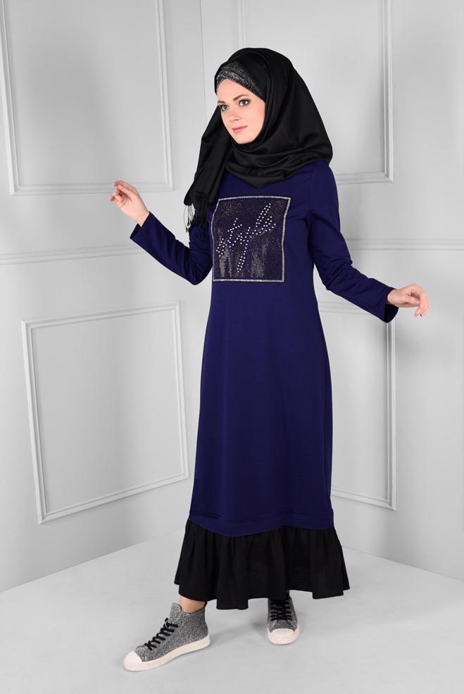 Tesettür giyim LACİVERT ÖNÜ BONCUKLU ETEĞİ VOLANLI EŞOFMAN ELBİSE  4747 - ALVİNA