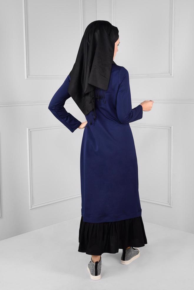 Tesettür giyim LACİVERT ÖNÜ BONCUKLU ETEĞİ VOLANLI EŞOFMAN ELBİSE  4747 - ALVİNA
