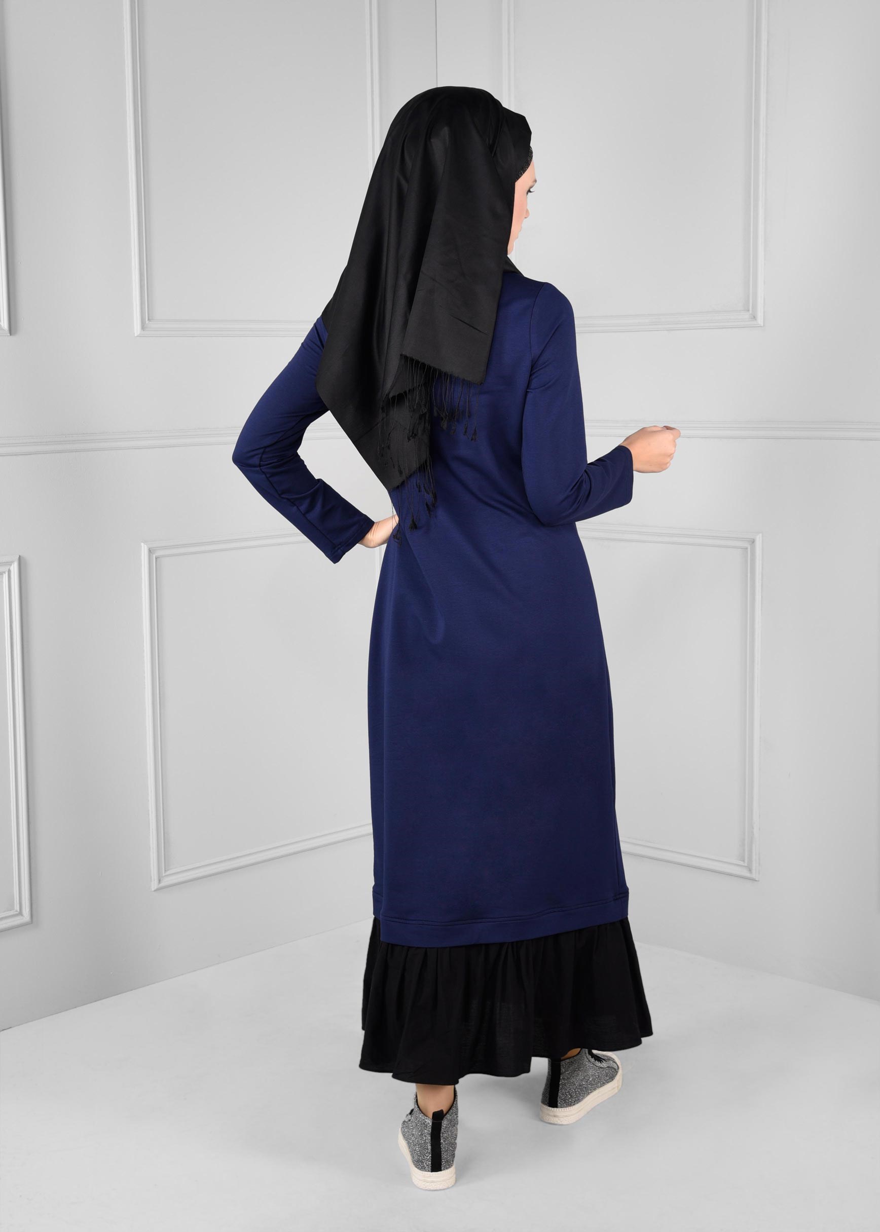 Tesettür giyim LACİVERT ÖNÜ BONCUKLU ETEĞİ VOLANLI EŞOFMAN ELBİSE  4747