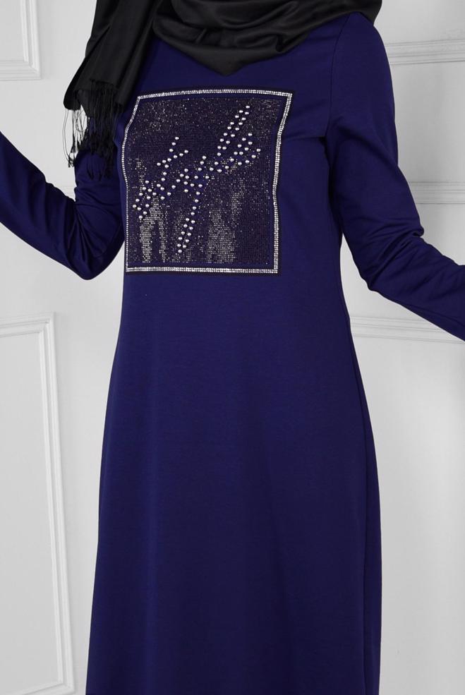 Tesettür giyim LACİVERT ÖNÜ BONCUKLU ETEĞİ VOLANLI EŞOFMAN ELBİSE  4747 - ALVİNA