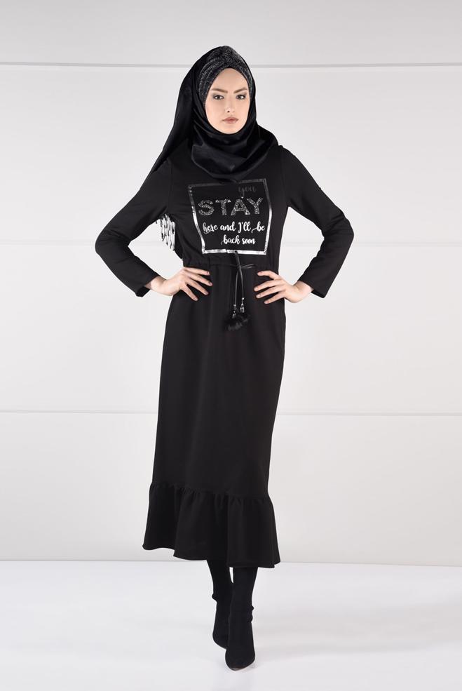 Hijab clothing BLACK PRINTED TIE-FRONT DRESS 4795  - ALVİNA