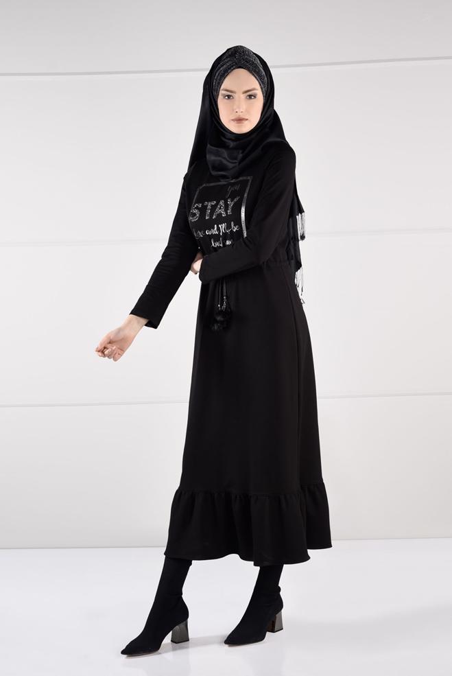 Hijab clothing BLACK PRINTED TIE-FRONT DRESS 4795  - ALVİNA