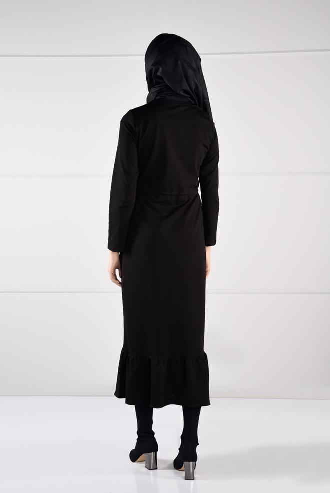 Hijab clothing BLACK PRINTED TIE-FRONT DRESS 4795  - ALVİNA