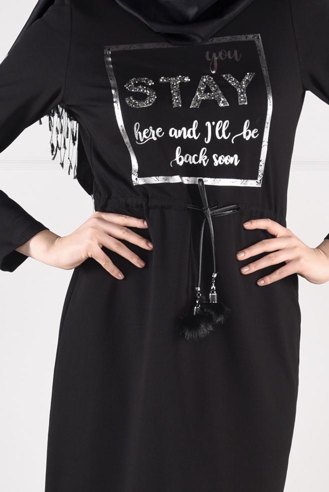 Hijab clothing BLACK PRINTED TIE-FRONT DRESS 4795  - ALVİNA