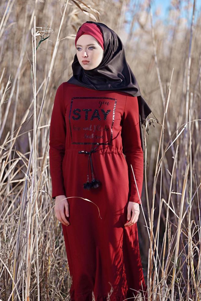 Vêtements hijab ROUGE BORDEAUX ROBE À IMPRIMÉE TAILLE-NOUÉE  4795  - ALVİNA