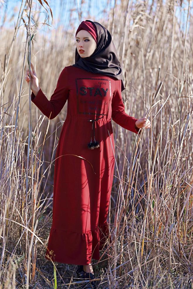 Vêtements hijab ROUGE BORDEAUX ROBE À IMPRIMÉE TAILLE-NOUÉE  4795  - ALVİNA