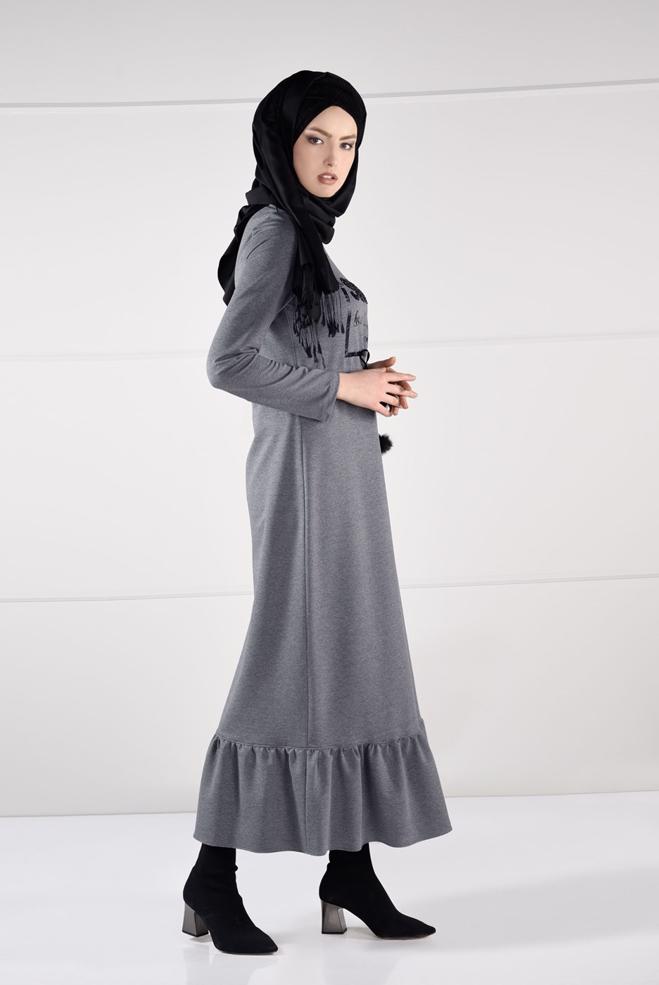 Vêtements hijab GRIS ROBE À IMPRIMÉE TAILLE-NOUÉE  4795  - ALVİNA