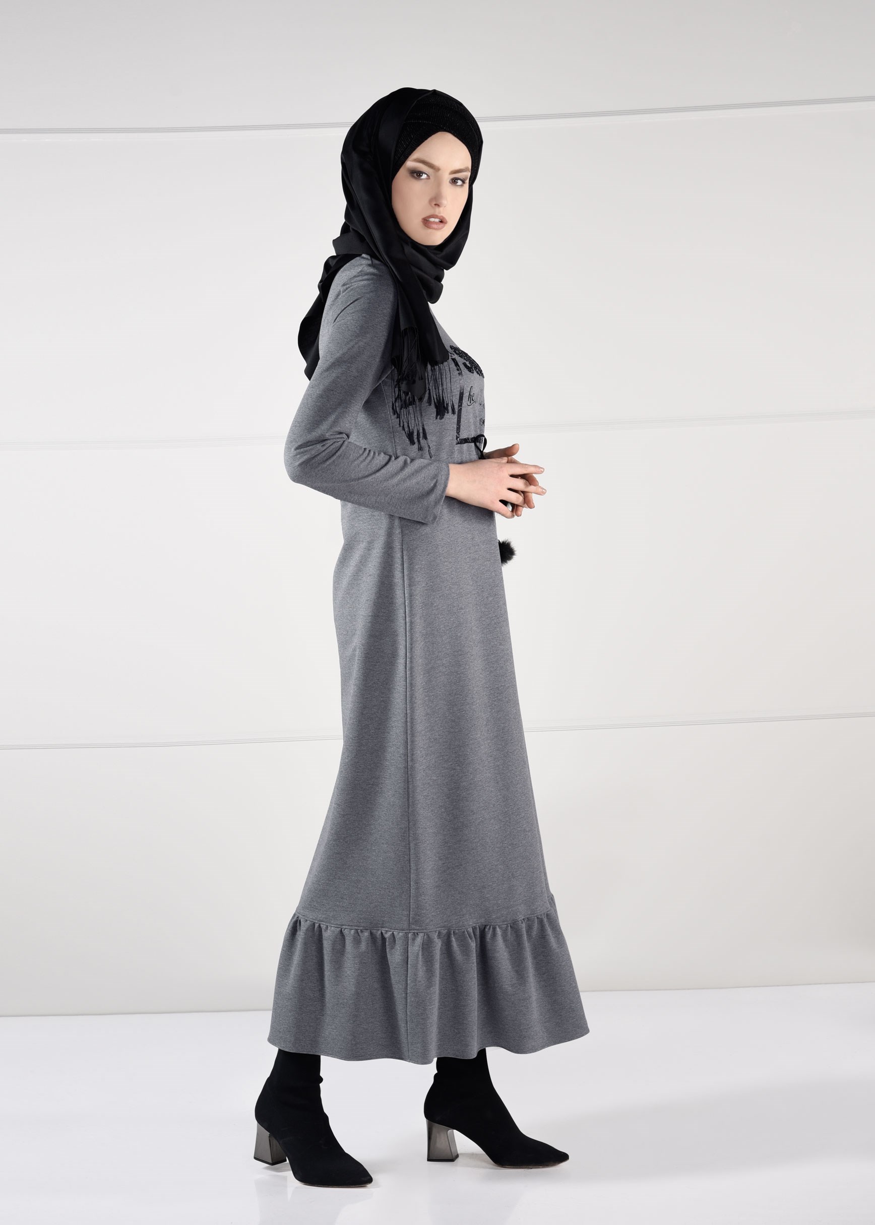Vêtements hijab GRIS ROBE À IMPRIMÉE TAILLE-NOUÉE  4795 