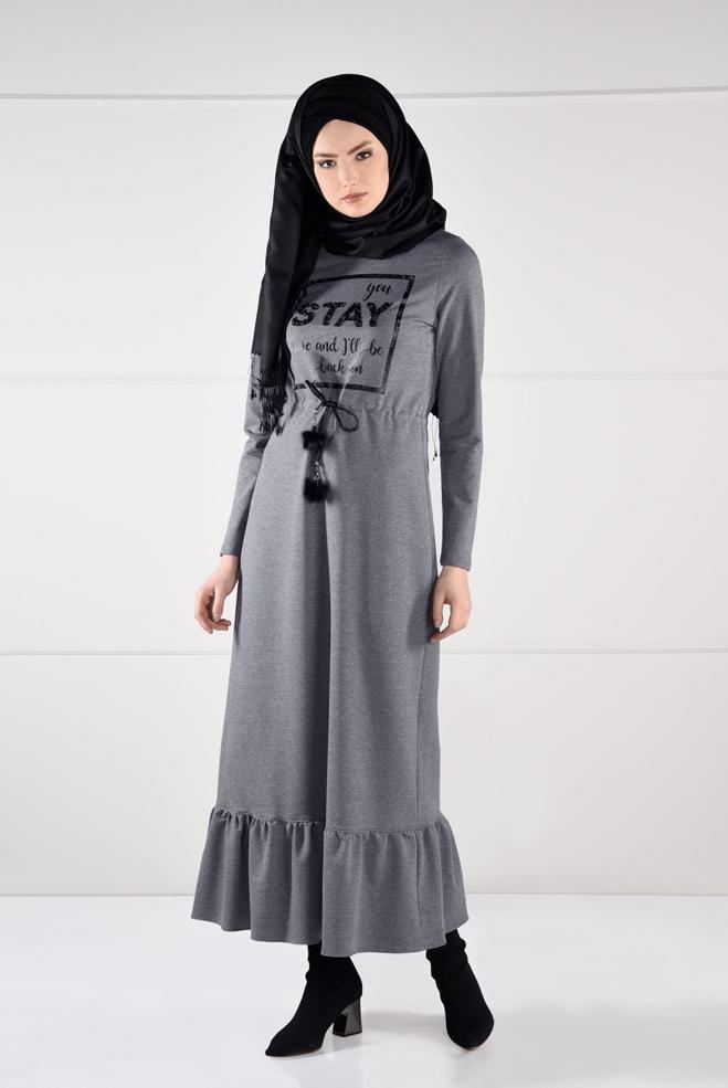 Vêtements hijab GRIS ROBE À IMPRIMÉE TAILLE-NOUÉE  4795  - ALVİNA