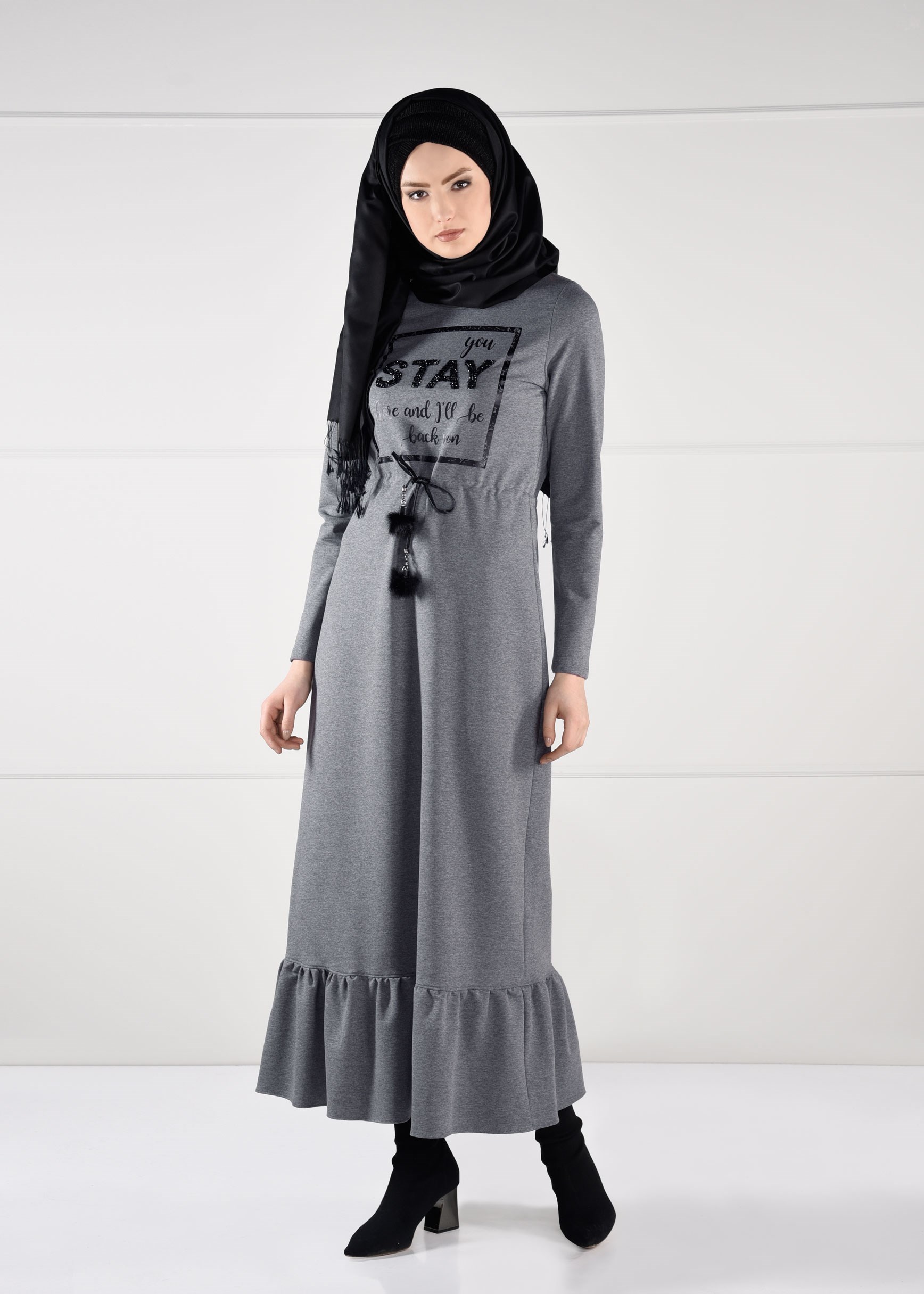 Vêtements hijab GRIS ROBE À IMPRIMÉE TAILLE-NOUÉE  4795 