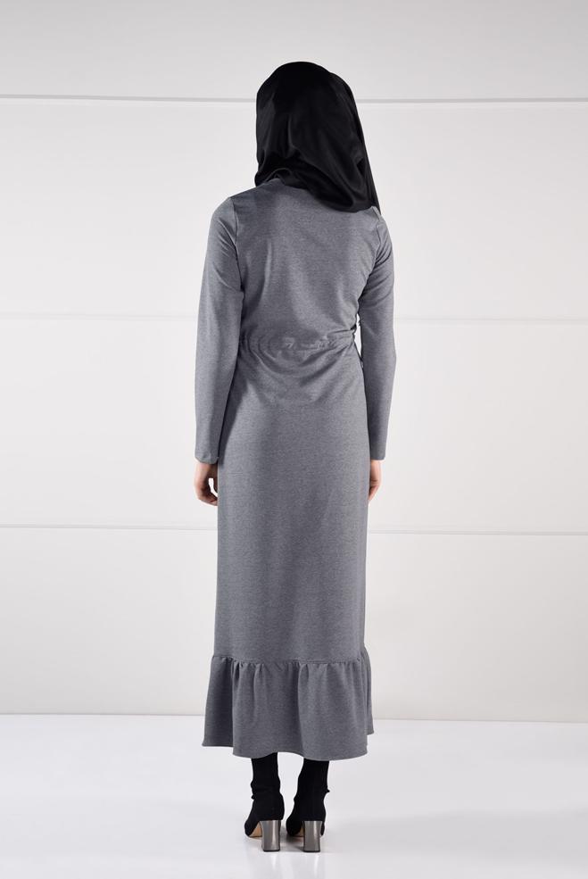 Vêtements hijab GRIS ROBE À IMPRIMÉE TAILLE-NOUÉE  4795  - ALVİNA