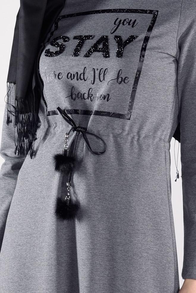 Vêtements hijab GRIS ROBE À IMPRIMÉE TAILLE-NOUÉE  4795  - ALVİNA