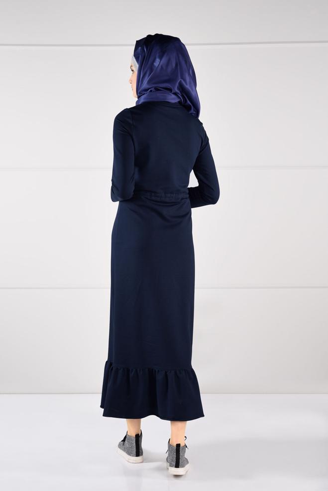 Tesettür giyim LACİVERT ÖNÜ BASKILI BAĞLAMALI EŞOFMAN ELBİSE  4795 - ALVİNA