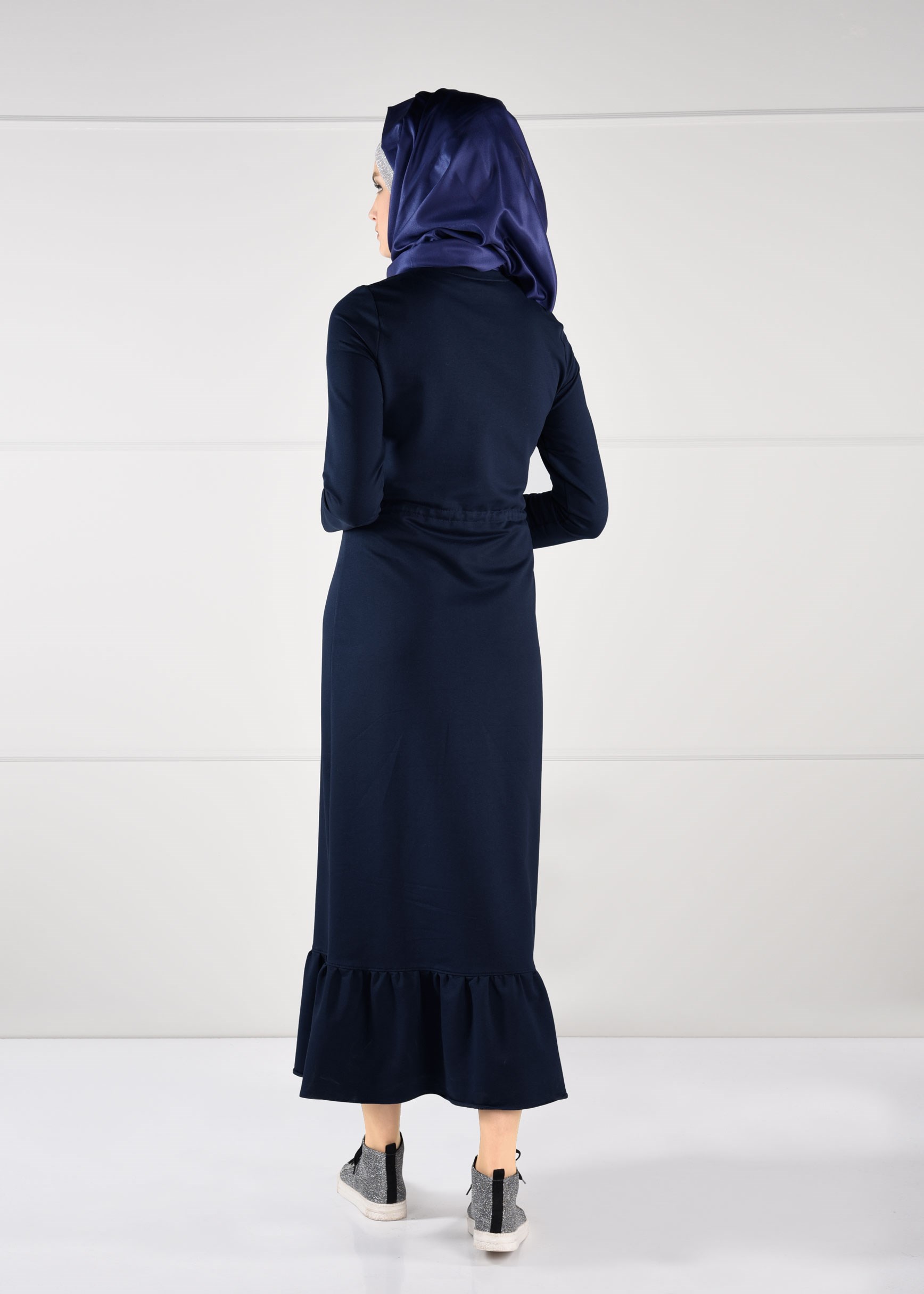 Vêtements hijab BLEU MARINE ROBE À IMPRIMÉE TAILLE-NOUÉE  4795 