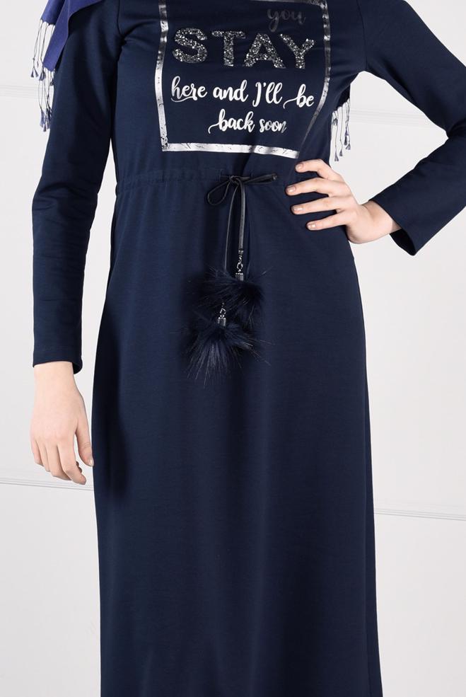 Tesettür giyim LACİVERT ÖNÜ BASKILI BAĞLAMALI EŞOFMAN ELBİSE  4795 - ALVİNA