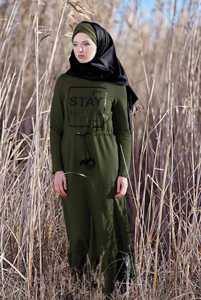 Vêtements hijab KAKI ROBE À IMPRIMÉE TAILLE-NOUÉE  4795  - ALVİNA