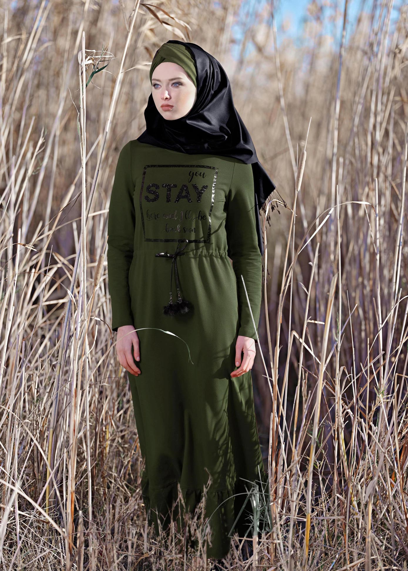 Vêtements hijab KAKI ROBE À IMPRIMÉE TAILLE-NOUÉE  4795 