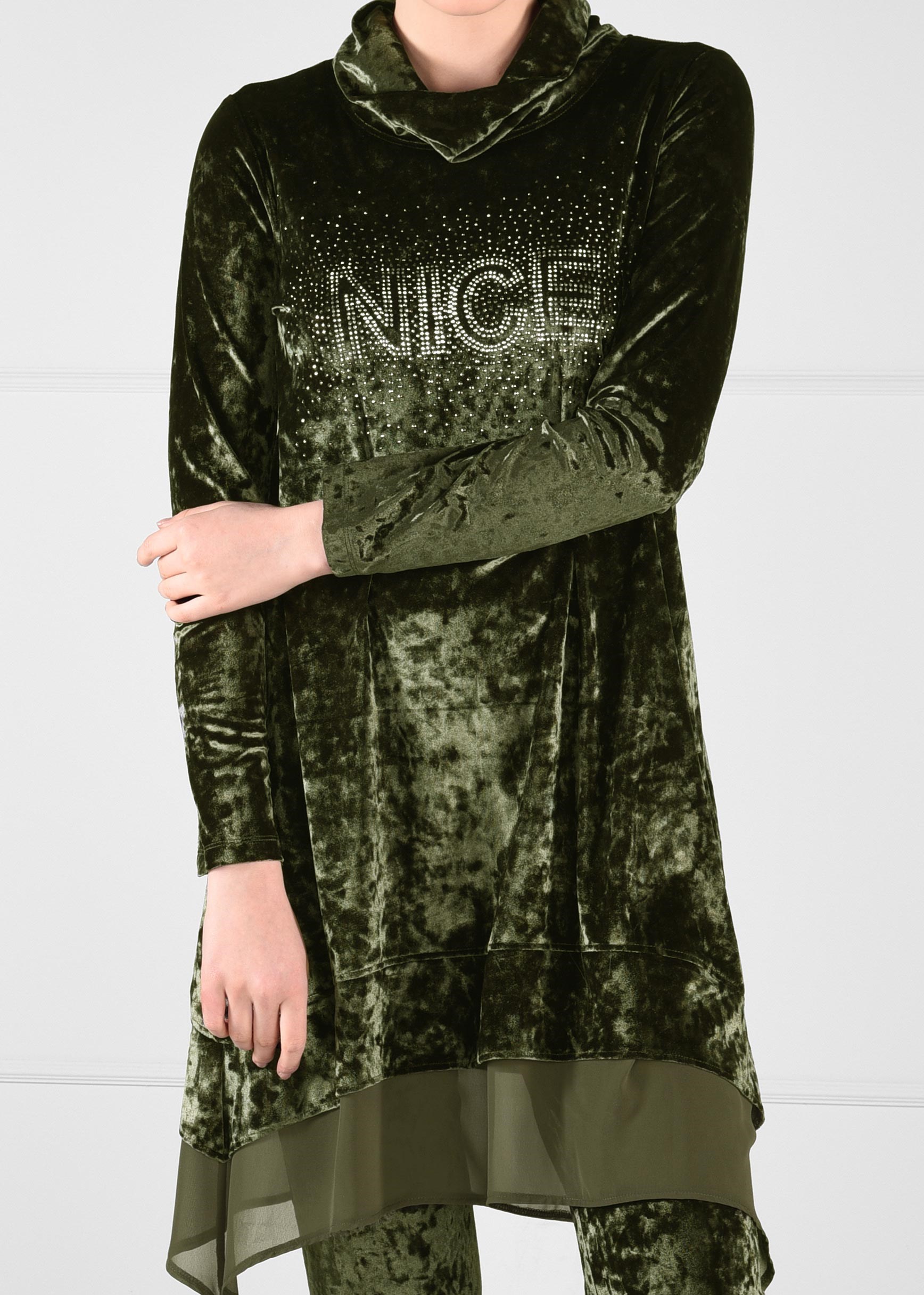 Tesettür giyim HAKİ ŞİFON DETAYLI TAŞ BASKI KADİFE 2Lİ PANTOLON EŞOFMAN TAKIMI 4797