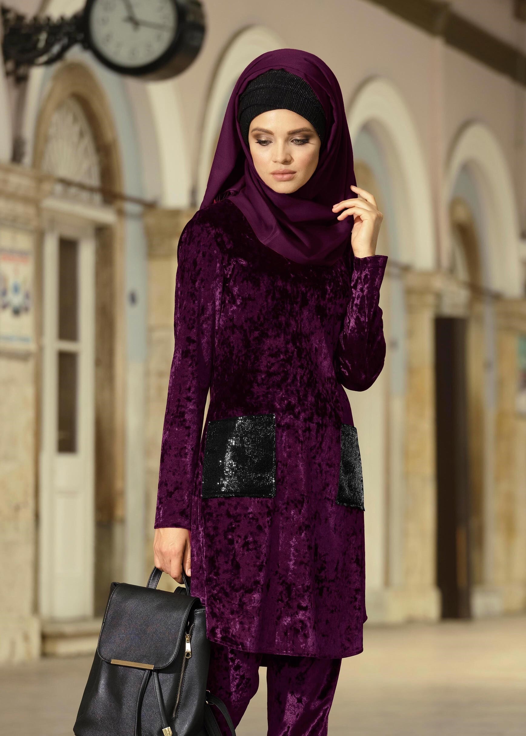 Tesettür giyim MÜRDÜM KADİFE 2&prime;Lİ PANTOLONLU EŞOFMAN TAKIM 4798 