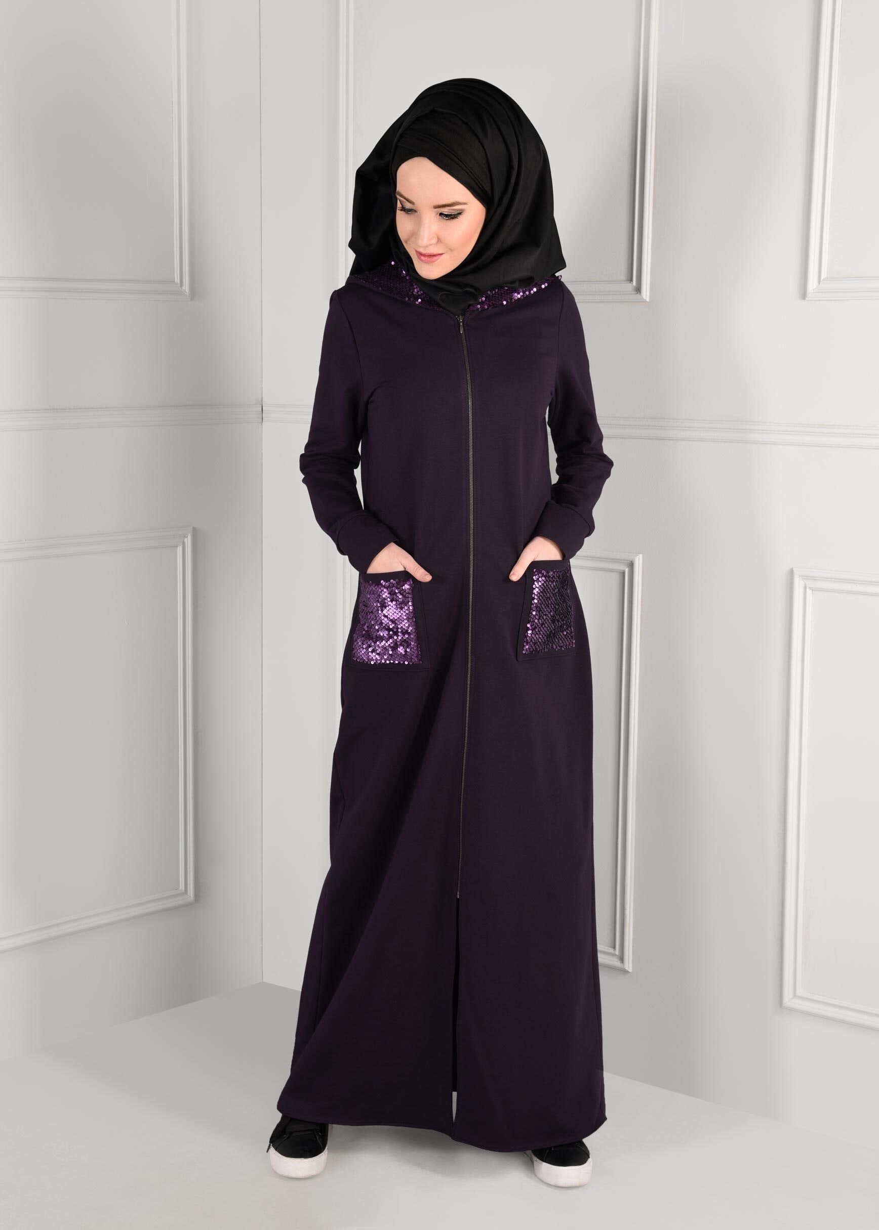 Tesettür giyim MOR KAPÜŞONLU PAYETLİ FERMUARLI EŞOFMAN TUNİK 4801