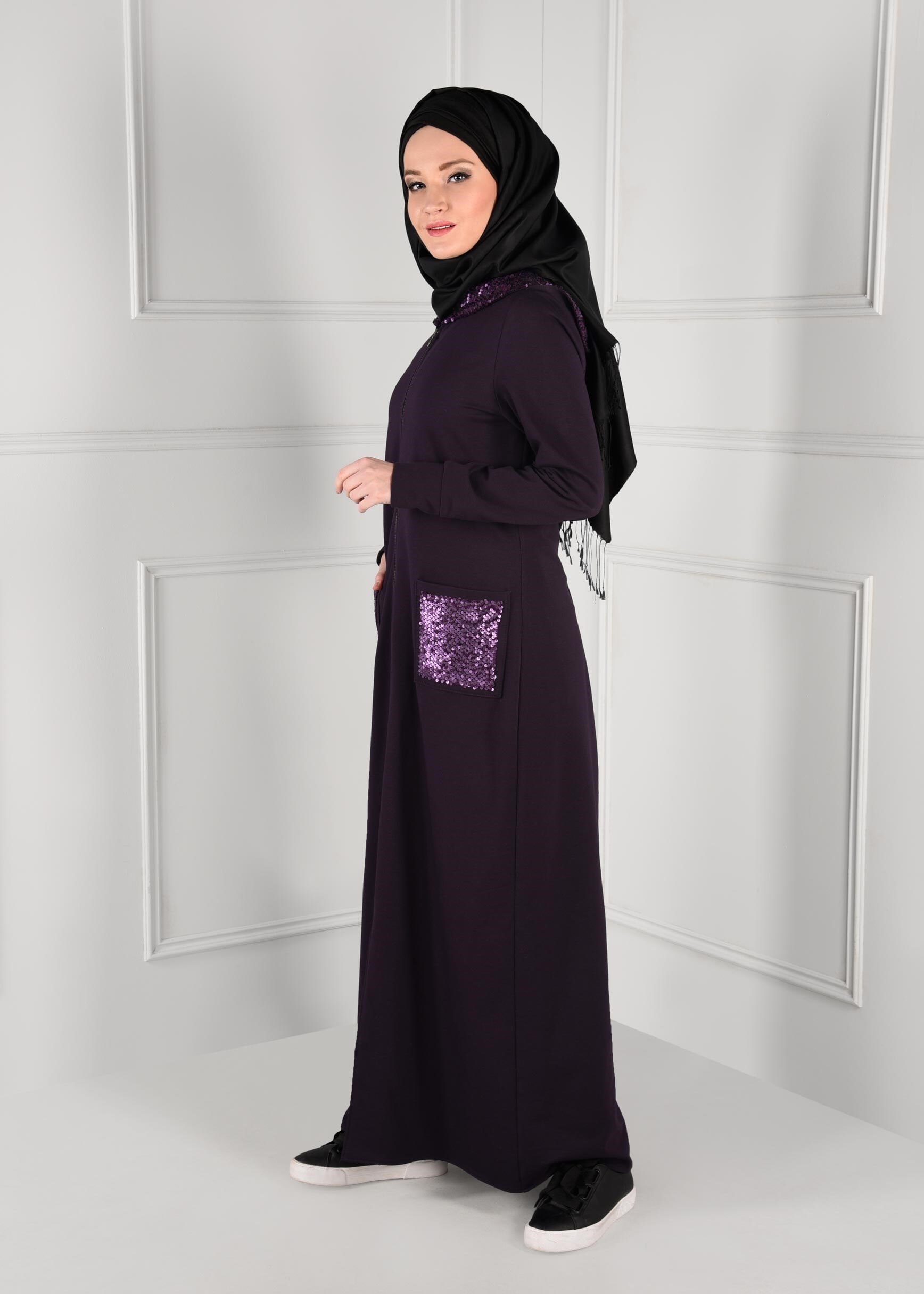 Tesettür giyim MOR KAPÜŞONLU PAYETLİ FERMUARLI EŞOFMAN TUNİK 4801