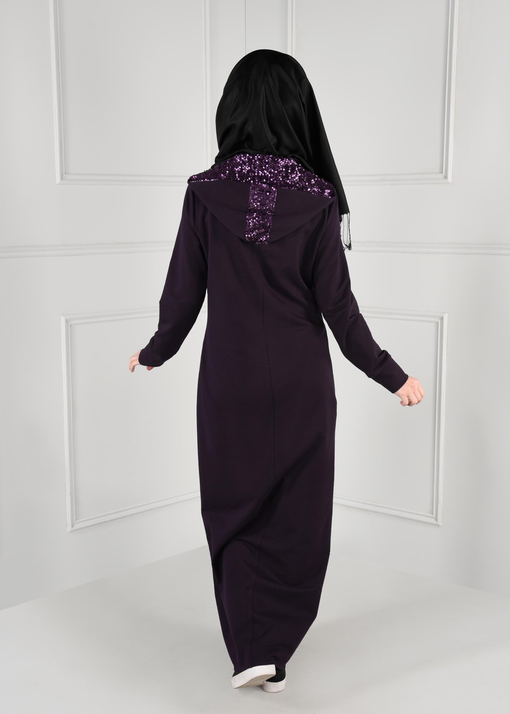 Tesettür giyim MOR KAPÜŞONLU PAYETLİ FERMUARLI EŞOFMAN TUNİK 4801