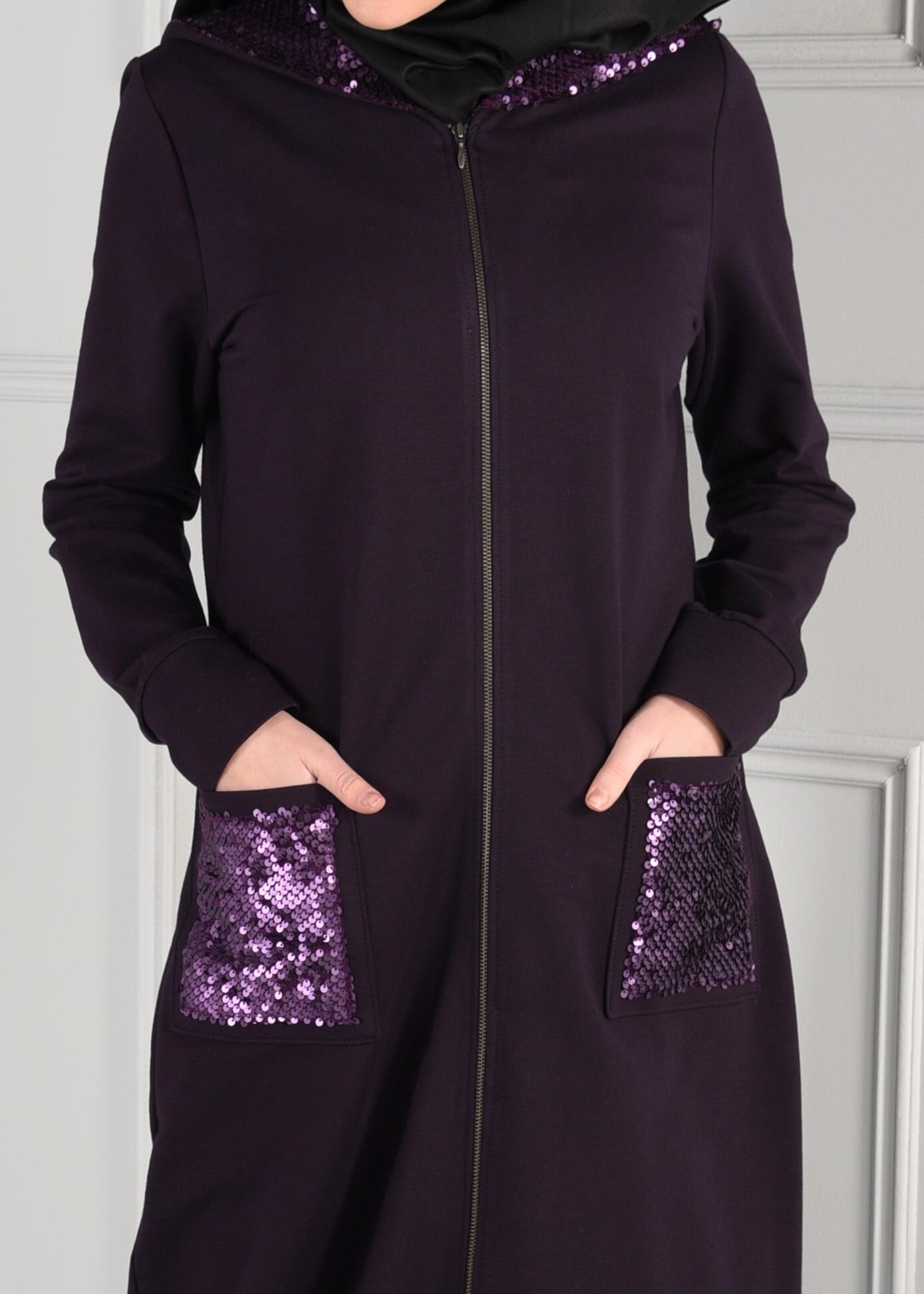 Tesettür giyim MOR KAPÜŞONLU PAYETLİ FERMUARLI EŞOFMAN TUNİK 4801