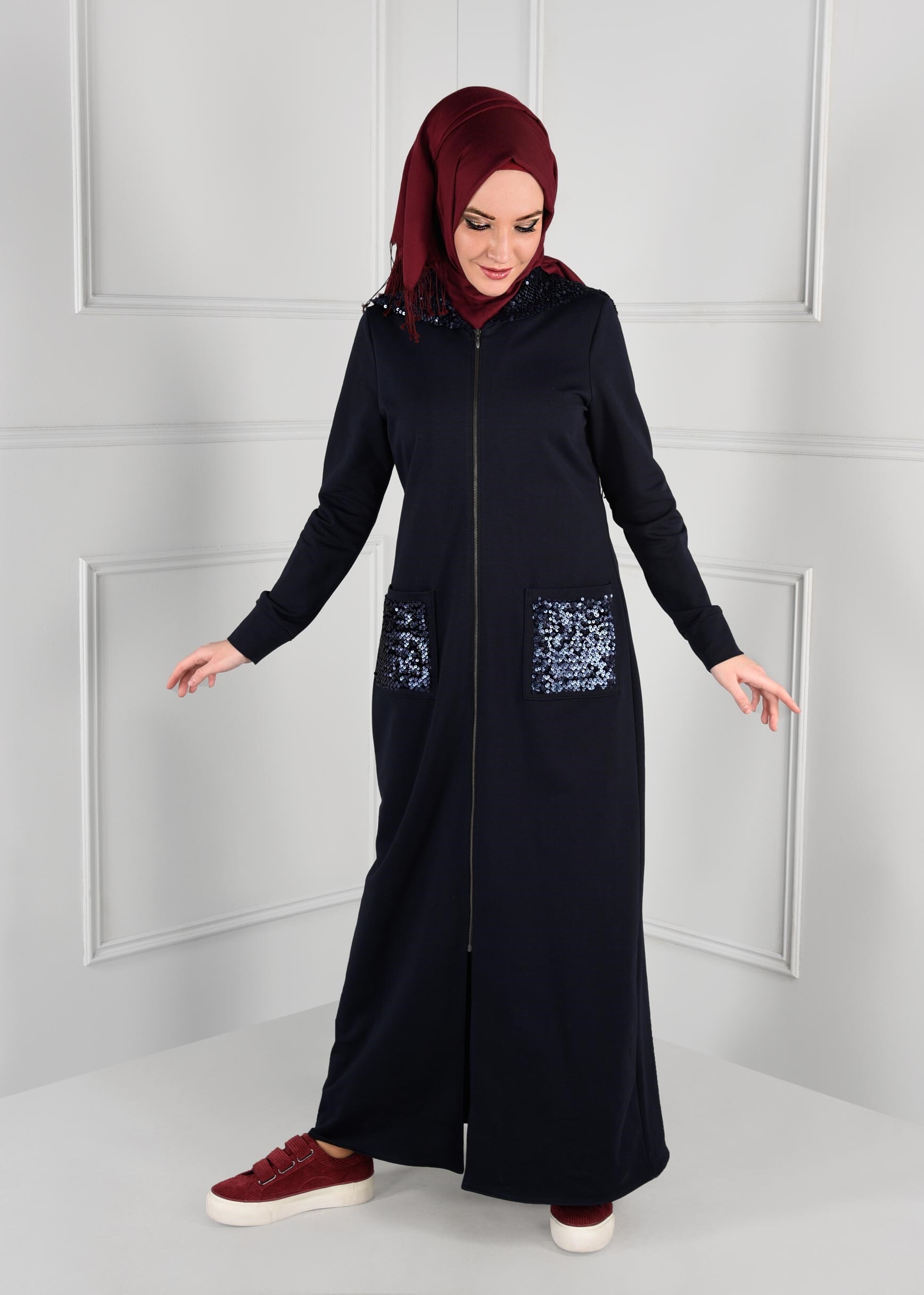 Tesettür giyim LACİVERT KAPÜŞONLU PAYETLİ FERMUARLI EŞOFMAN TUNİK 4801