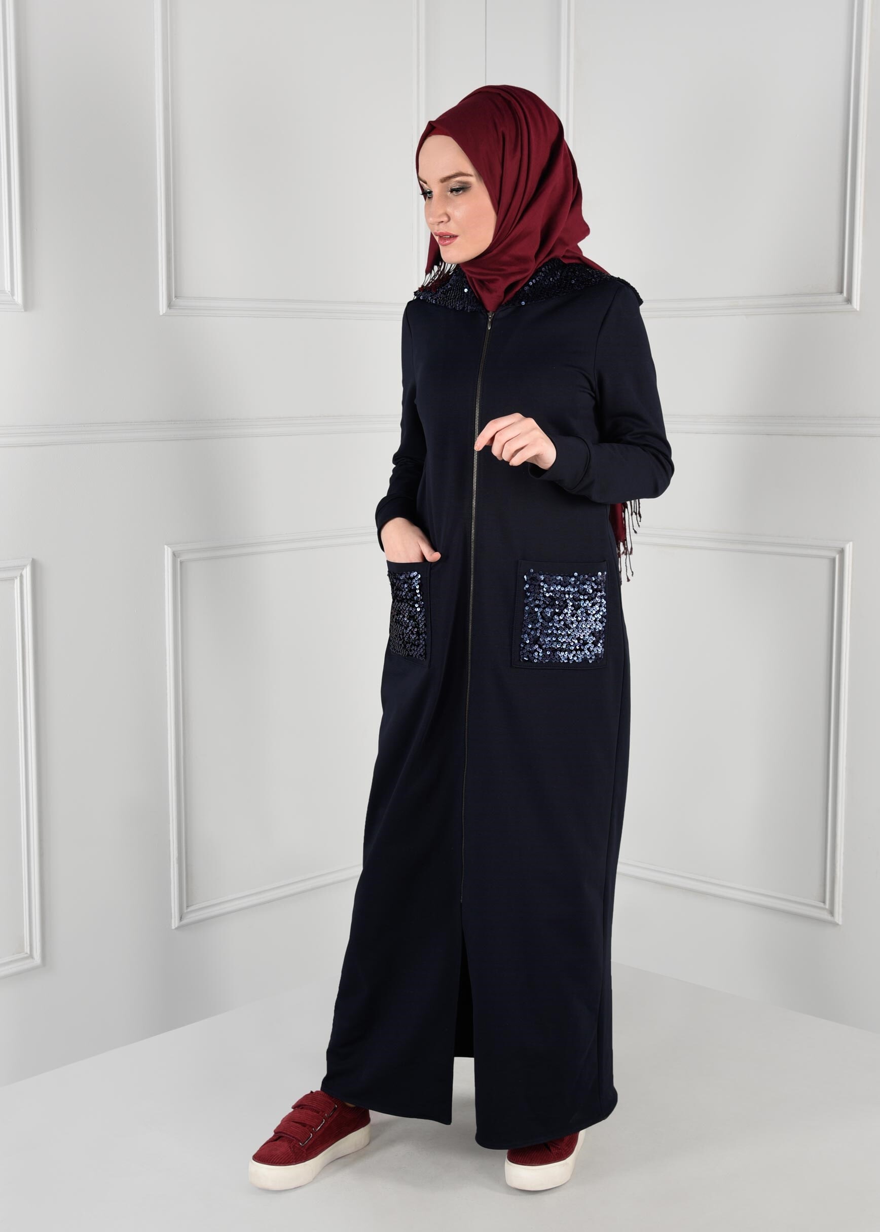 Tesettür giyim LACİVERT KAPÜŞONLU PAYETLİ FERMUARLI EŞOFMAN TUNİK 4801